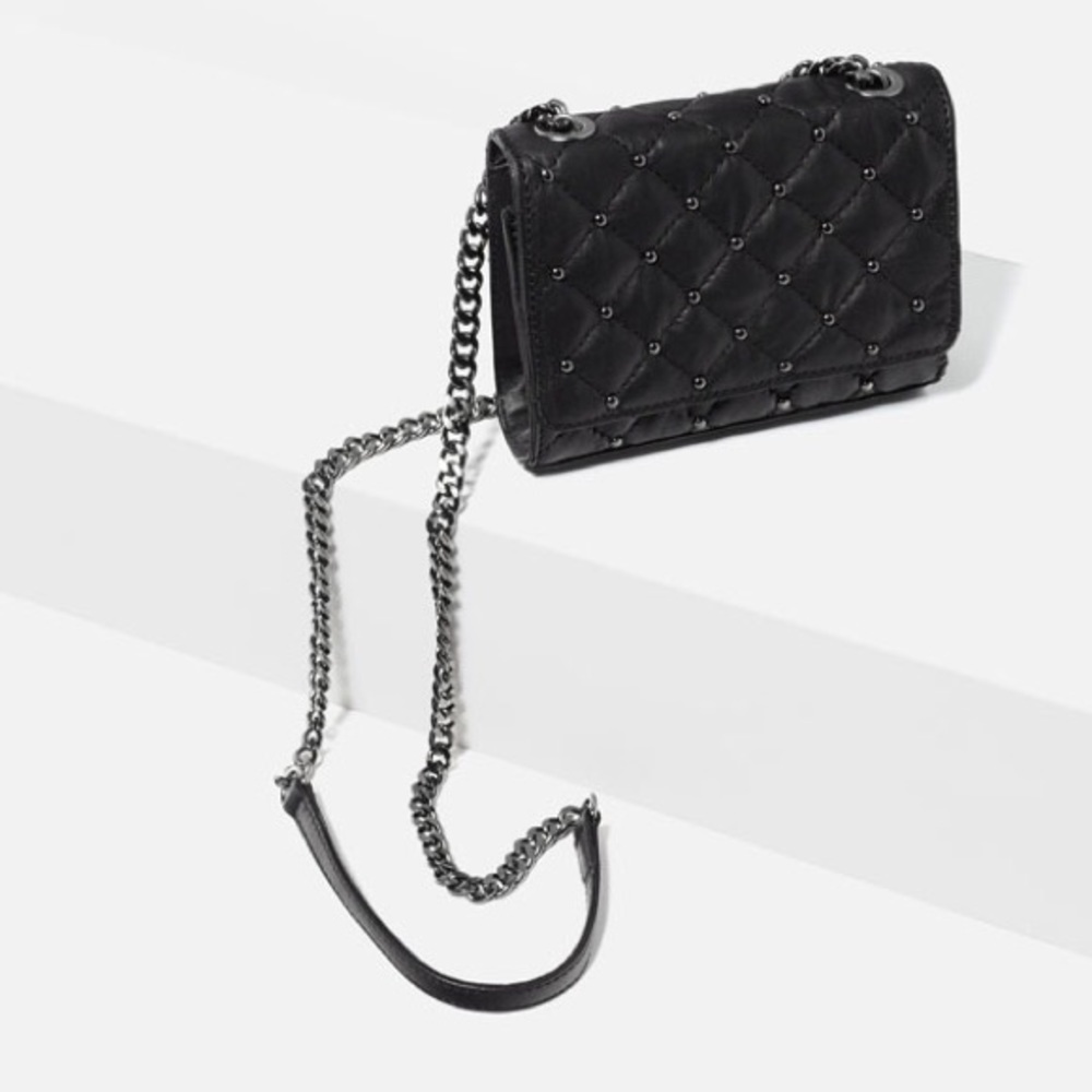 ZARA 100% LEATHER QUILTED BLACK BAG WITH CHAIN STRAP BRAND NEW WITH TAGS